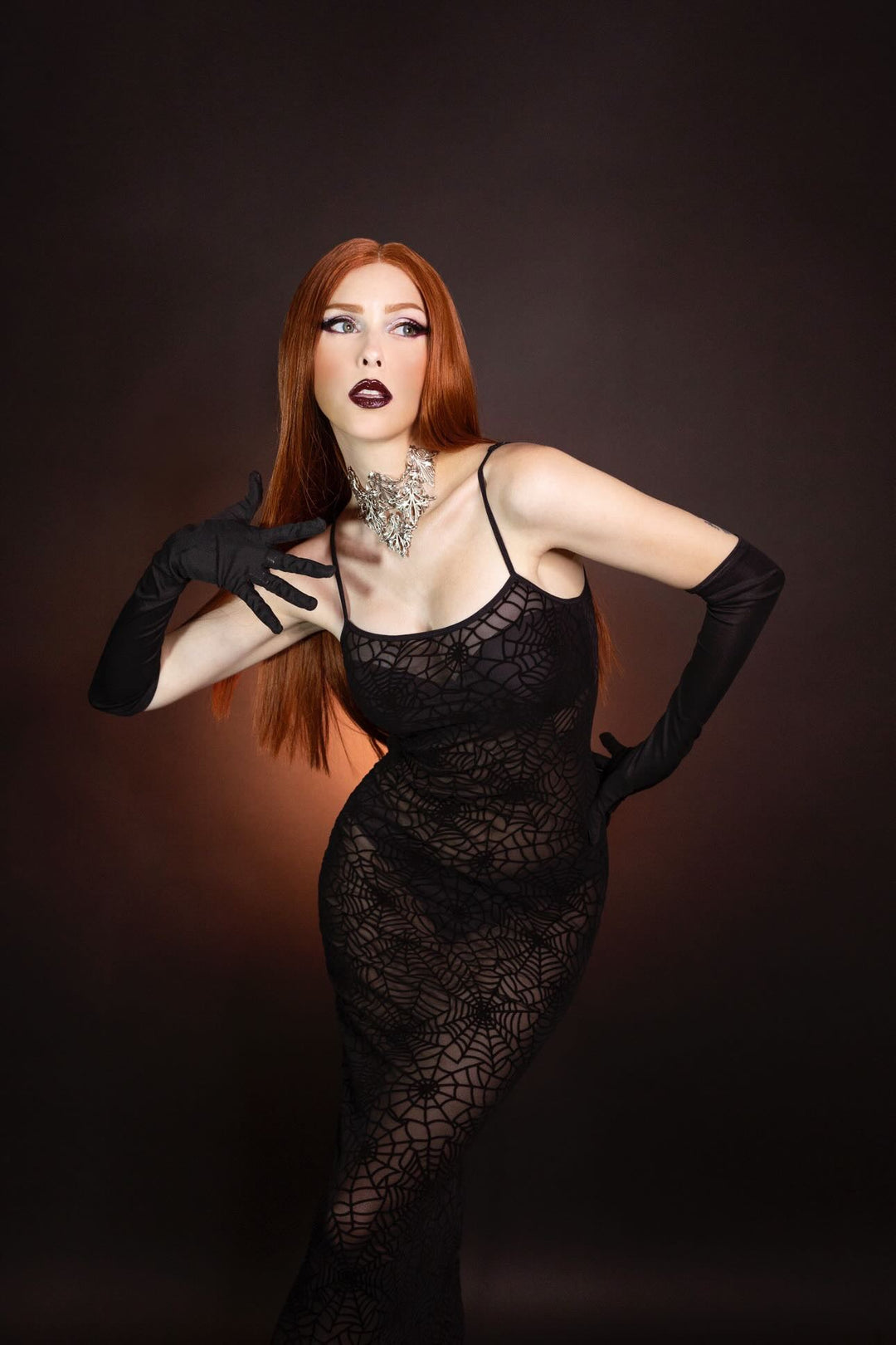 maxi dress for hourglass figure Sheer Hourglass Maxi Dress in Velvet Flocked Spider Webs 3XL