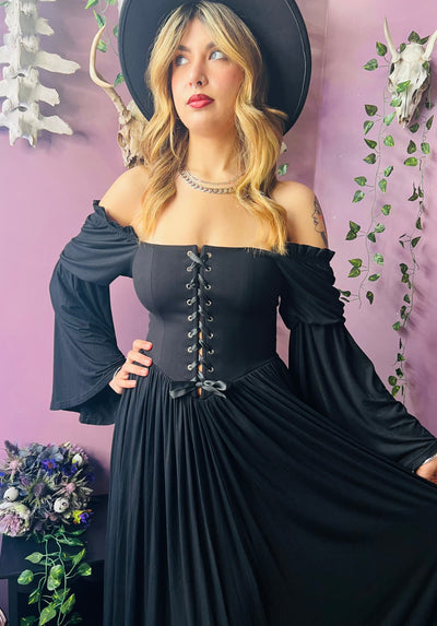Lilith Dark Cottage Goth Lace Up Jersey Dress PREORDER