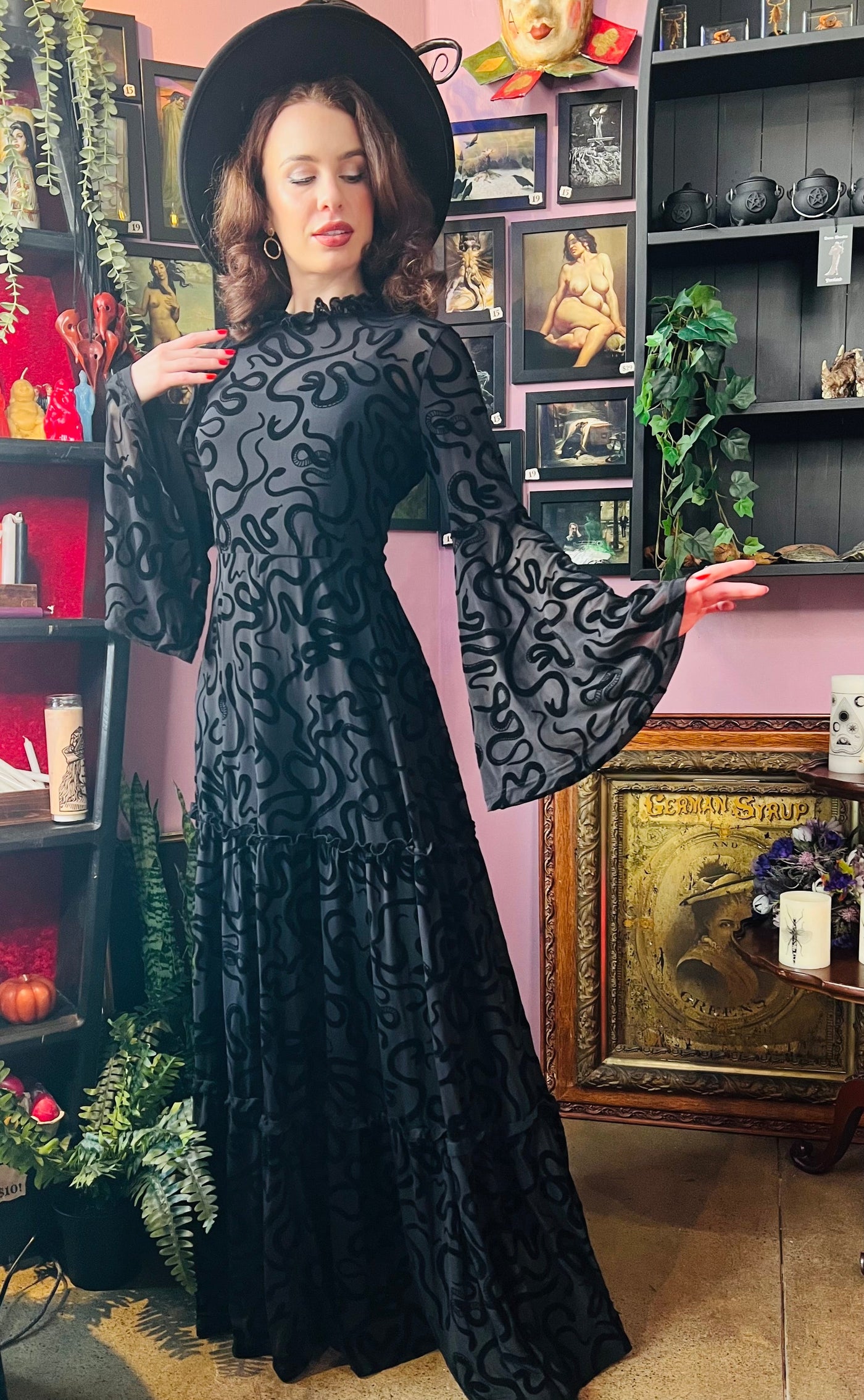 Sloane Velvet Flocked Snake Maxi Dress with Bell Sleeves