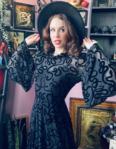 Sloane Velvet Flocked Snake Maxi Dress with Bell Sleeves