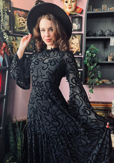 Sloane Velvet Flocked Snake Maxi Dress with Bell Sleeves
