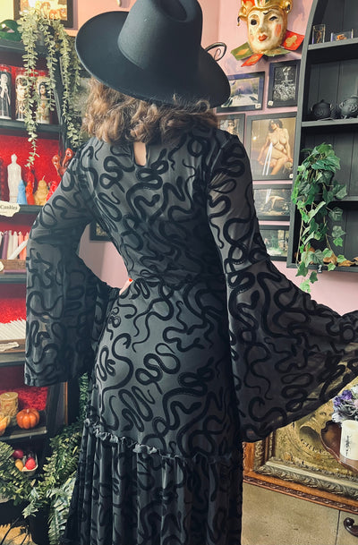 Sloane Velvet Flocked Snake Maxi Dress with Bell Sleeves