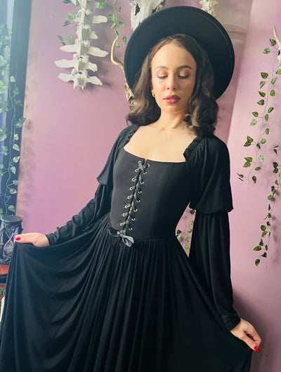 Lilith Dark Cottage Goth Lace Up Jersey Dress PREORDER