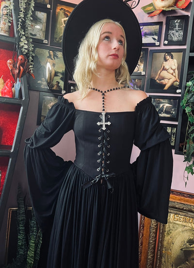 Lilith Dark Cottage Goth Lace Up Jersey Dress PREORDER