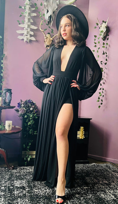 Minerva Hauntingly Dramatic Mesh Maxi Dress with Built In Shorts PREORDER
