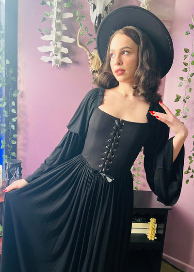 Lilith Dark Cottage Goth Lace Up Jersey Dress PREORDER
