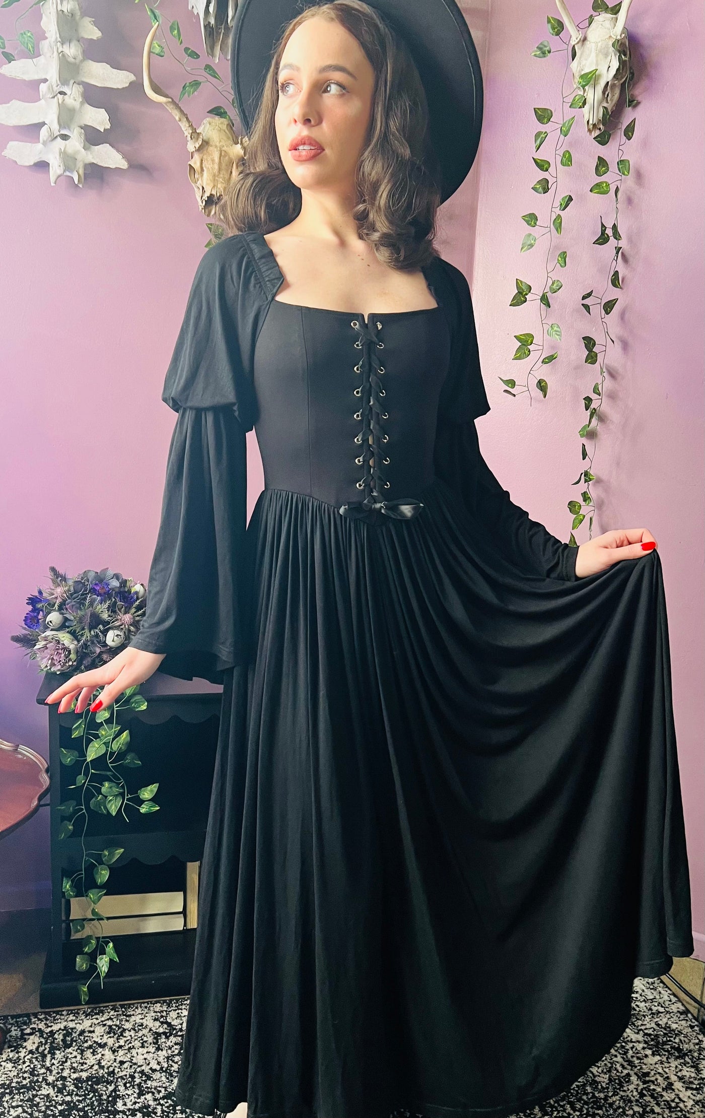 Lilith Dark Cottage Goth Lace Up Jersey Dress PREORDER