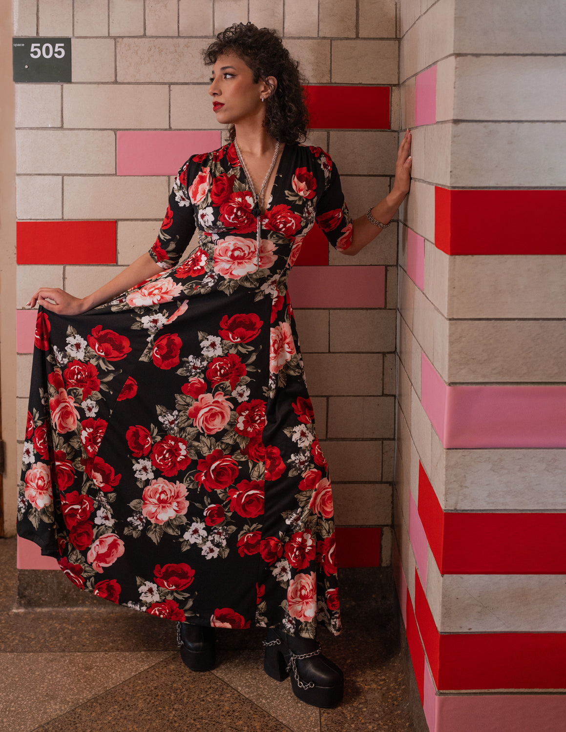 Raquel Maxi Dress in Red Rose Print