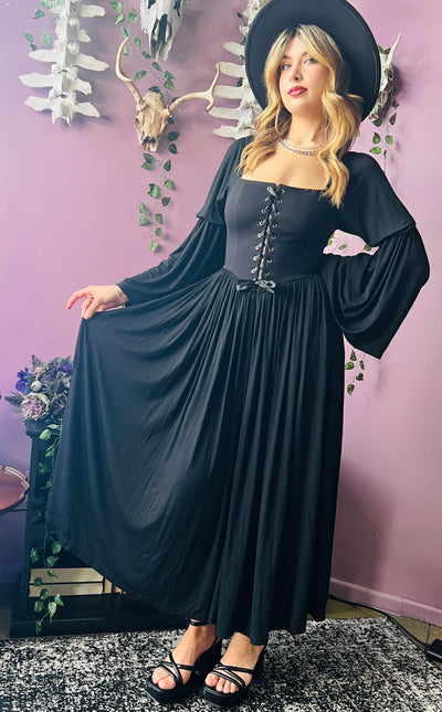 Lilith Dark Cottage Goth Lace Up Jersey Dress PREORDER
