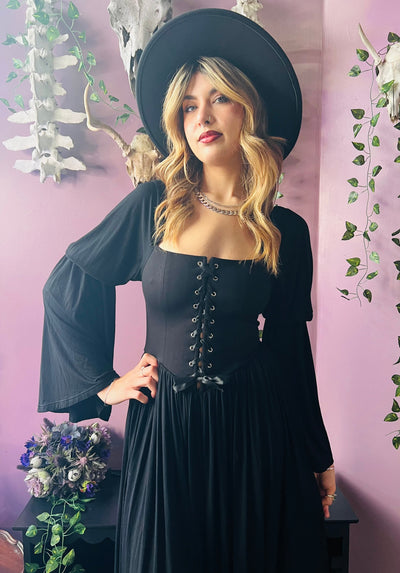 Lilith Dark Cottage Goth Lace Up Jersey Dress PREORDER