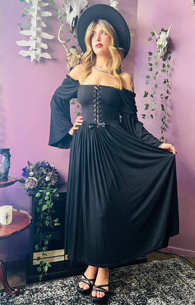 Lilith Dark Cottage Goth Lace Up Jersey Dress PREORDER