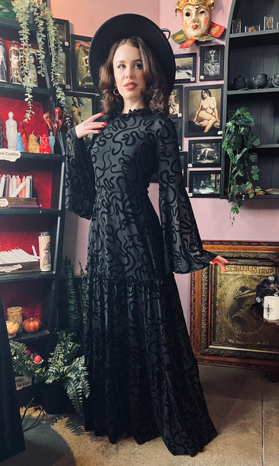 Sloane Velvet Flocked Snake Maxi Dress with Bell Sleeves