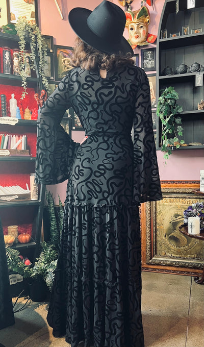Sloane Velvet Flocked Snake Maxi Dress with Bell Sleeves