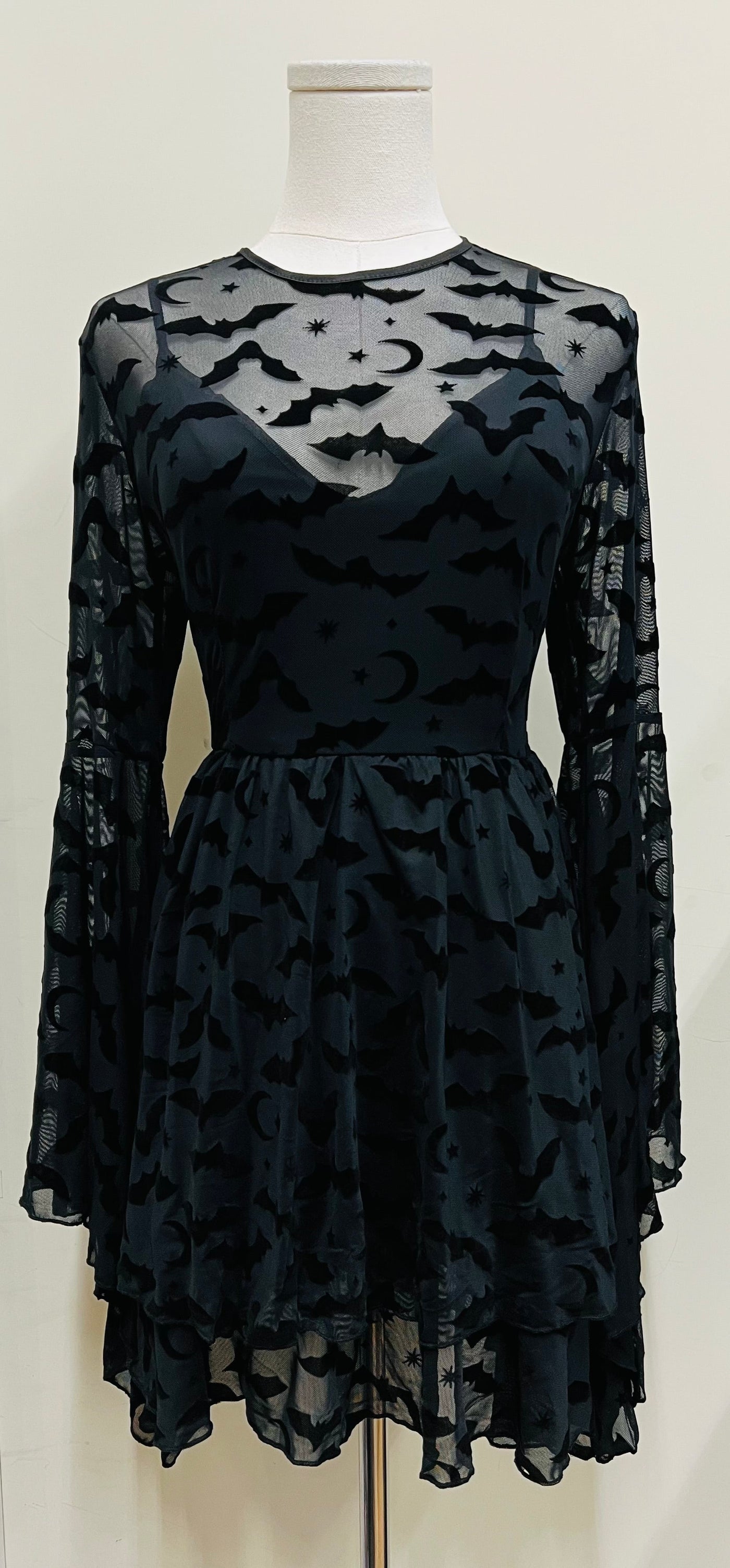 Dracuella Velvet  BATS Flocked Mini Dress with Witchy Bell Sleeves