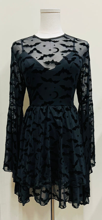 Dracuella Velvet  BATS Flocked Mini Dress with Witchy Bell Sleeves