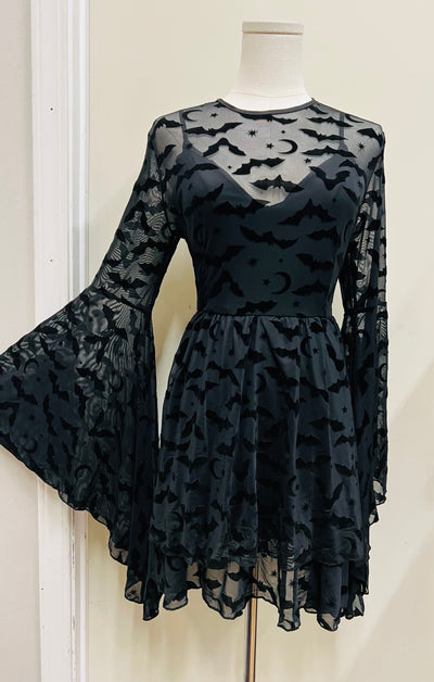 Dracuella Velvet  BATS Flocked Mini Dress with Witchy Bell Sleeves