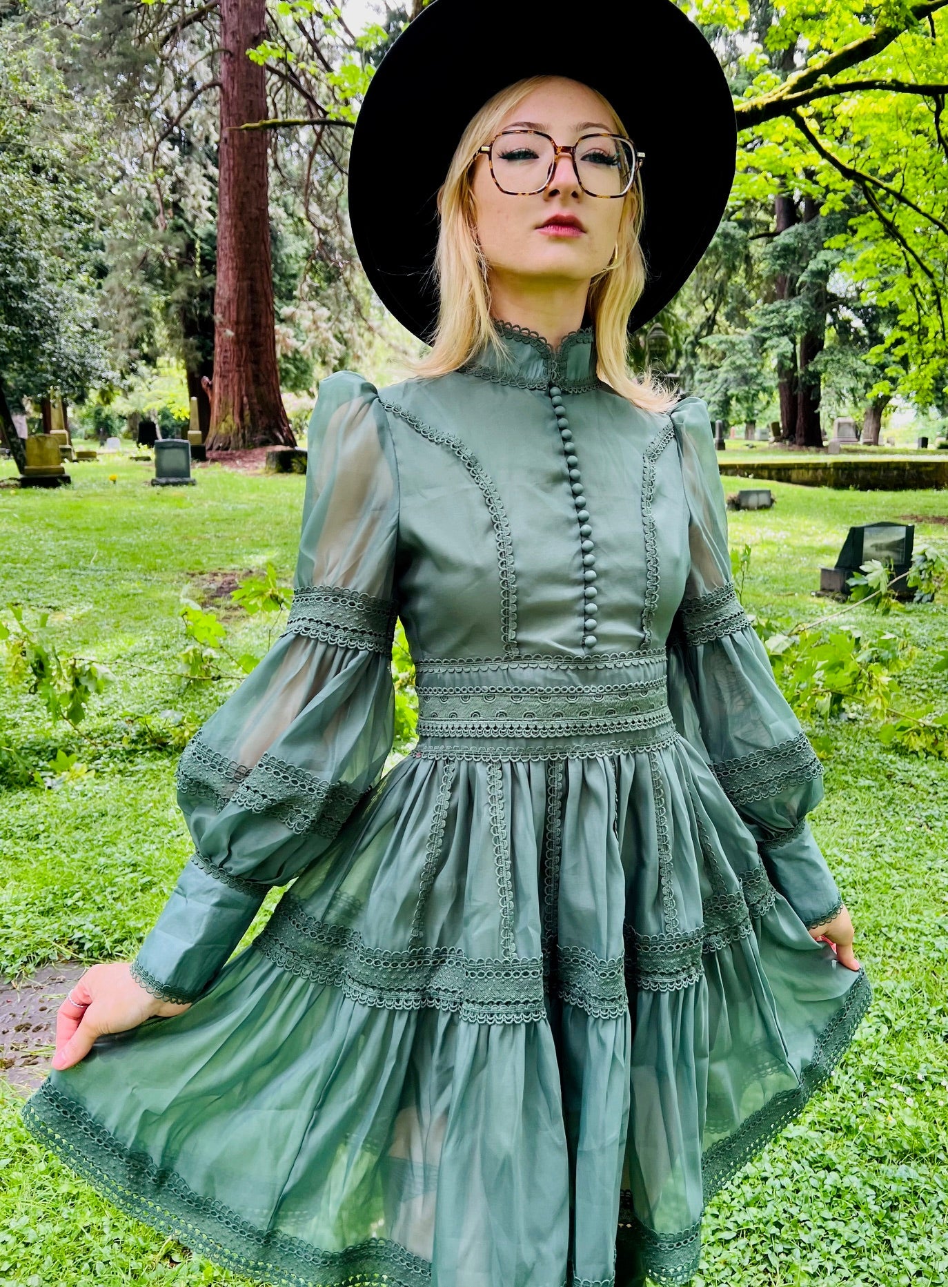 Morgana Romantic Victorian Inspired Party Dress in Sage PREORDER
