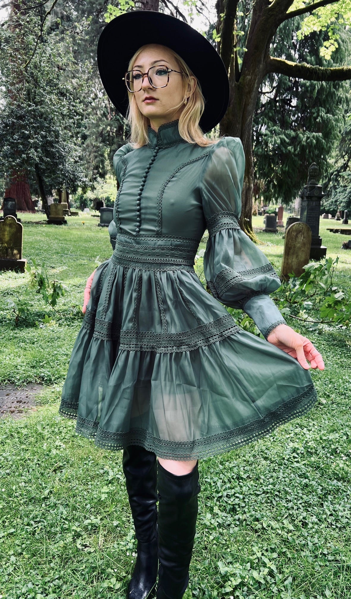 Morgana Romantic Victorian Inspired Party Dress in Sage PREORDER