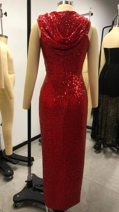 Cairo Sunset Hooded Dress Red Sequin