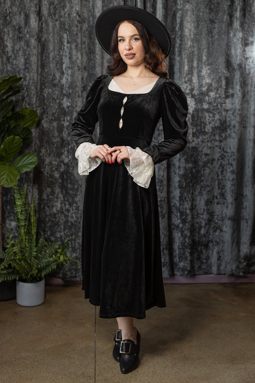 black velvet midi dress ZESICA Women's 2025 Casual V Neck Long Sleeve Solid Color Elastic High Waist Flowy Evening Party Dresses Small line skirt that moves gracefully with you CORA Velvet Mourning Midi Dress