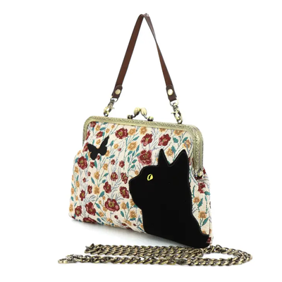 Floral Black Cat Kisslock Purse