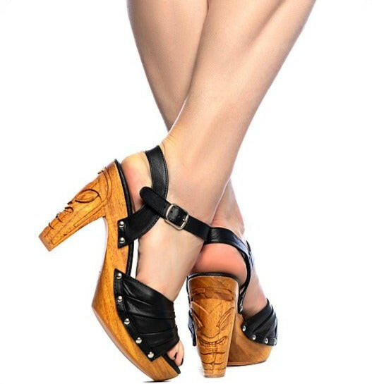 The Rockin' Tiki Heel with Ankle Strap in Black Leather