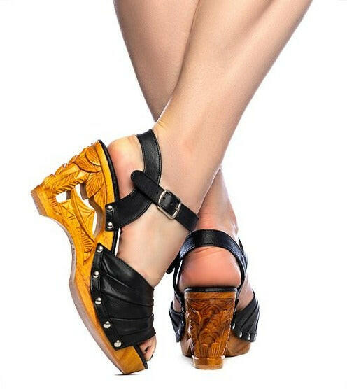 Souvenir Wedge with Ankle Strap in Black Leather